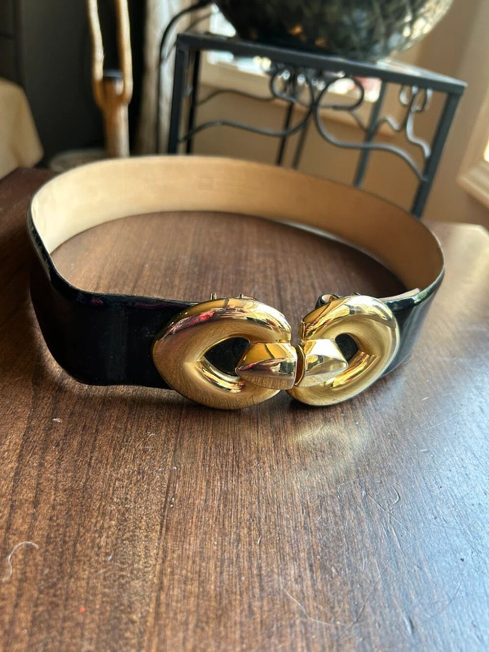 Vintage Morgan Taylor 80s Black Genuine Patent Leather Metal Hook Waist Belt S/M